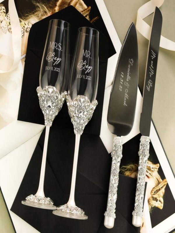Wedbie 4-Piece Luxury Wedding Set – Custom Wine Glasses & Cake Knife/Server (2025)