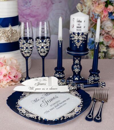 Wedbie 10-Piece Rhinestone Wedding Set – Personalised Wine Glasses, Server, Plate & Candles