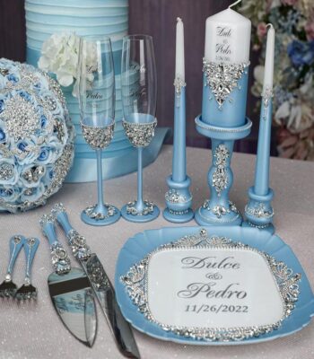 Wedbie 10-Piece Rhinestone Wedding Set – Personalised Wine Glasses, Server, Plate & Candles