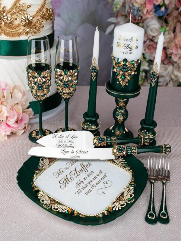 Wedbie 10-Piece Rhinestone Wedding Set – Personalised Wine Glasses, Server, Plate & Candles